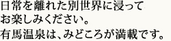 日常を離れた別世界に浸ってお楽しみください。有馬温泉は、みどころが満載です。